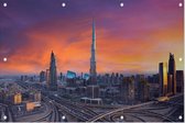 Het Dubai Business Center tijdens zonsondergang - Foto op Tuinposter - 90 x 60 cm