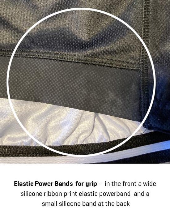 Detail van elastische band met siliconenprint aan de binnenkant van de onderkant van de wielertrui.