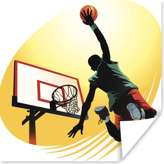 Poster Een basketbalspeler dunkt vanaf de zijkant in een illustratie - 50x50 cm