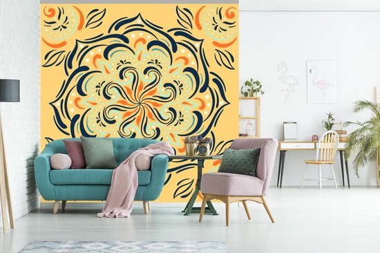 Motif carré d'une fleur détaillée sur fond orange clair 220x220 cm
