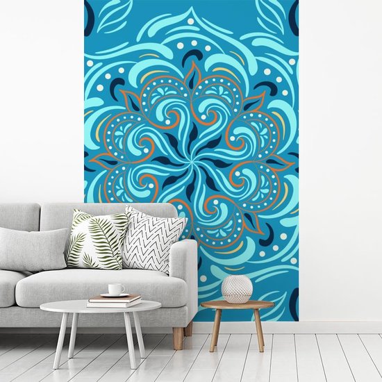 Motif abstrait d'une fleur détaillée et orange sur fond bleu 225x350 cm