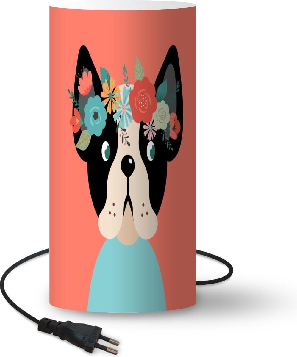 Lamp - Nachtlampje - Tafellamp slaapkamer - Hond - Bloemen - Kroon - 33 cm hoog - Ø15.9 cm - Inclusief LED lamp