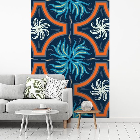 Motif carré de fleurs et feuilles bleues et blanches sur fond sombre 225x350 cm