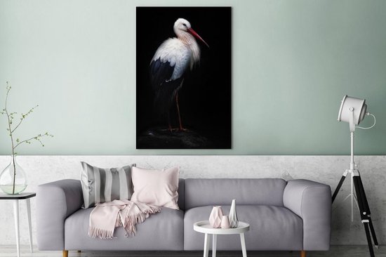 Canvas schilderij 120x180 cm - Wanddecoratie Portret ooievaar op zwarte achtergrond - Muurdecoratie woonkamer - Slaapkamer decoratie - Kamer accessoires - Schilderijen op canvas