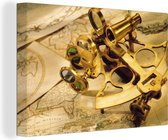 Canvas Wereldkaart - 90x60 - Wanddecoratie Een sextant om mee te navigeren bovenop wereldkaarten