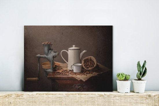 Canvas Schilderij Vele koffie bonen met draai apparaat - 40x30 cm - Wanddecoratie