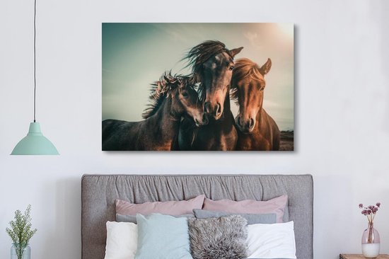 Tableau sur toile Paarden - Gros plan - Soleil - 150x100 cm - Décoration murale
