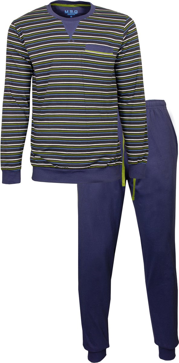 MEQ Heren Pyjama - Ronde Hals - 100% Katoen - Blauw - Maat S