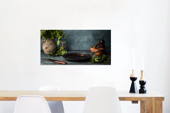 Décoration murale Métal - Peinture Aluminium Industriel - Herbes - Épices - Pan - Couteau - Grijs - Rustique - 80x40 cm - Dibond - Photo sur aluminium - Décoration murale industrielle - Pour le salon/chambre