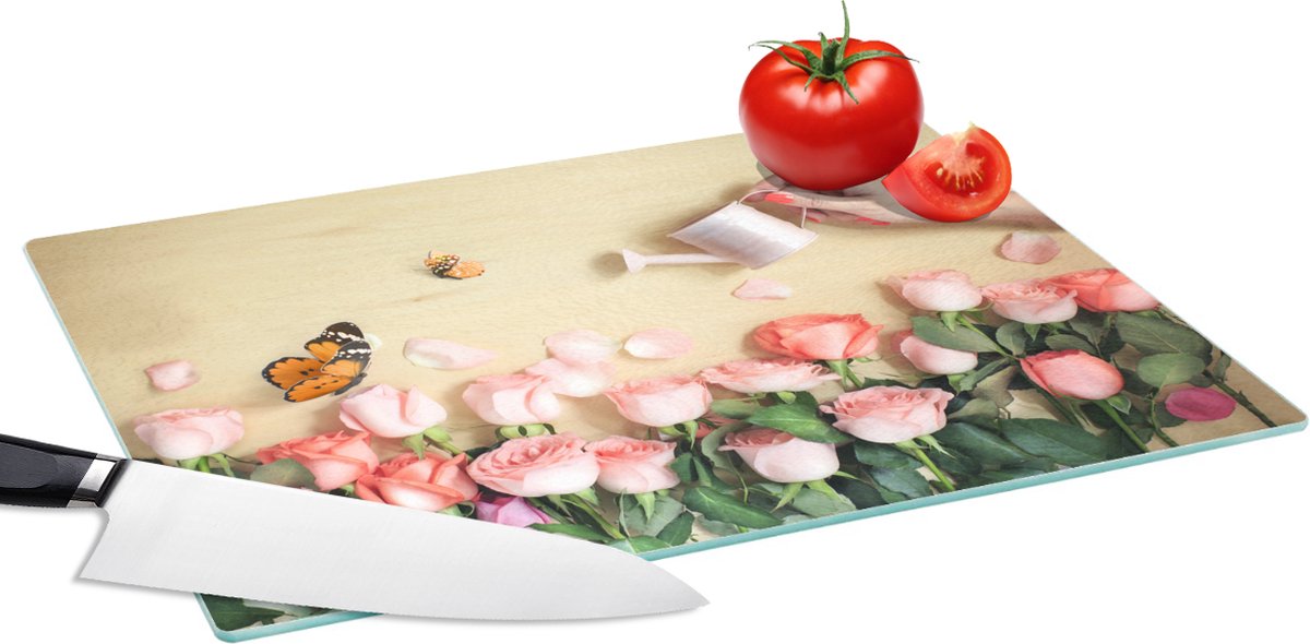 Glazen Snijplank - 39x28 - Bloemen - Rozen - Gieter - Snijplanken Glas