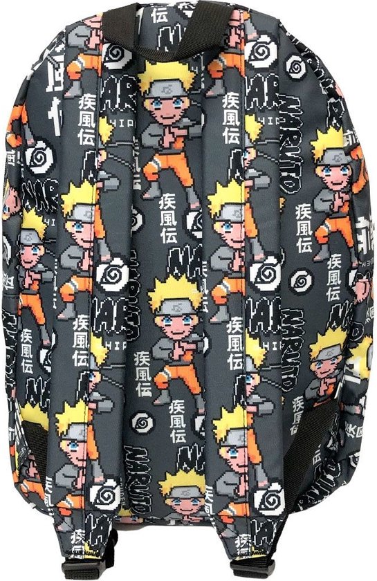 Grijze rugzak met achterkant weergave, patroon van Naruto in pixelstijl en 'Naruto Shippuden' tekst.