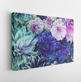 Canvas schilderij - Beautiful fresh colorful blue, white and purple dahlia flowers in full bloom. Spring blossoms. Summer floral texture for background. Saturated blue color.  -