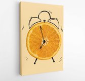 Canvas schilderij - Creative idea layout fresh orange slice alarm clock on pastel orange background. minimal idea business creative concept.  -  1339724096 - 50*40 Vertical