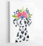 Canvas schilderij - Dog with floral wreath -watercolor illustration isolated on white background. Hand drawn dalmatian puppy character, front view -  Productnummer 1639252276 - 40-