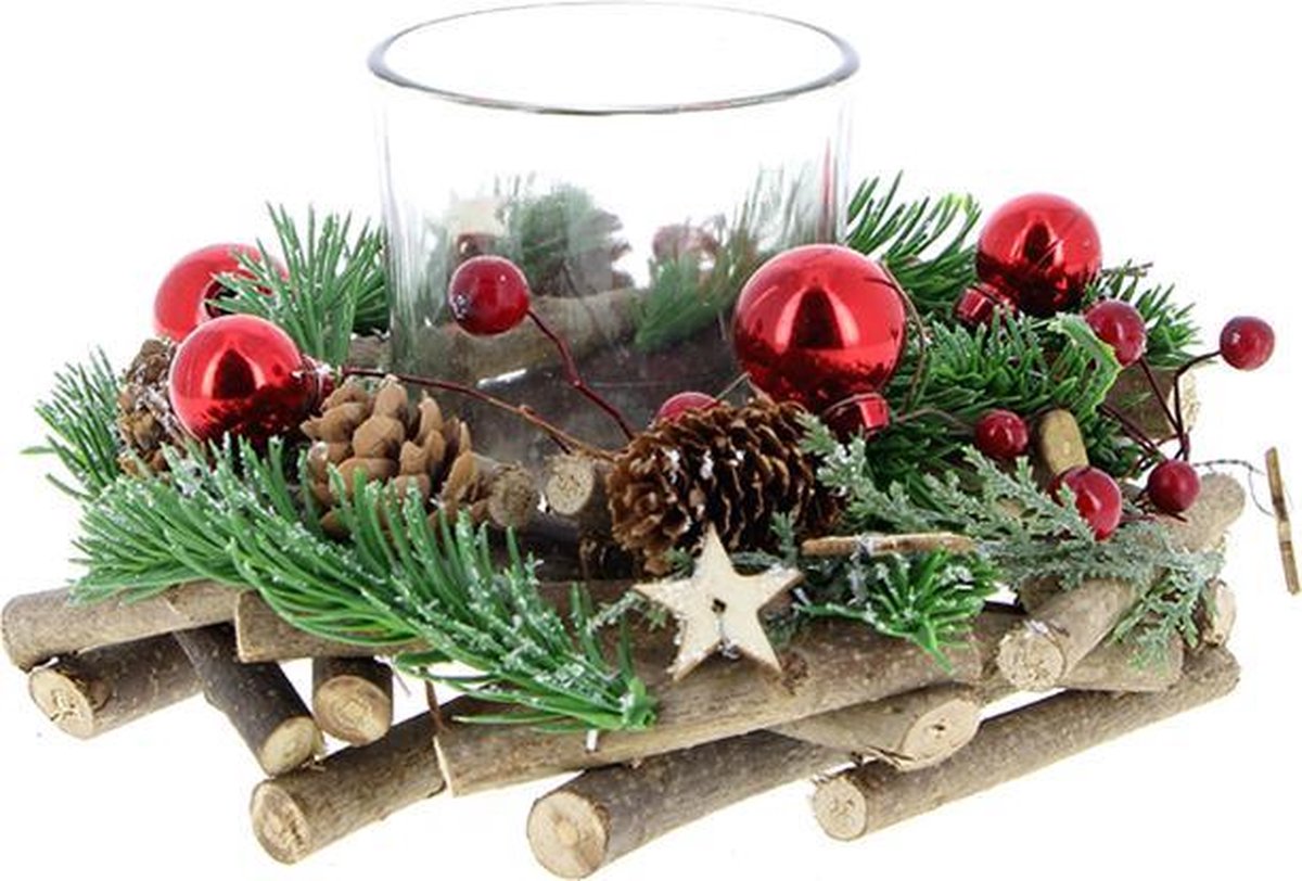 Kerstkandelaar met 1 kaarsenhouder Ø19cm - Hulst en Den - Plastic - groen - bruin - SILUMEN