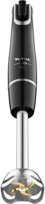Zwarte Tefal InfinyForce staafmixer met zilverkleurige details en RVS poot, 1000W.