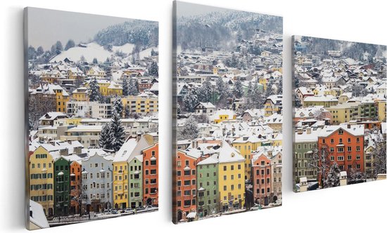 Artaza Canvas Schilderij Drieluik Gekleurde Huisjes met Sneeuw in Oostenrijk - 120x60 - Foto Op Canvas - Canvas Print
