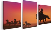 Artaza Canvas Schilderij Drieluik Silhouet van een Indiaan op een Paard - 120x60 - Foto Op Canvas - Canvas Print