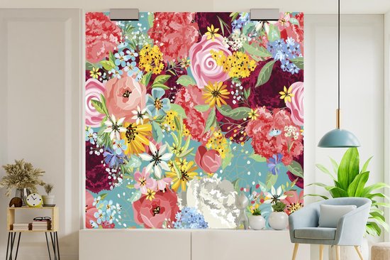 Papier peint photo peint vinyle - Une illustration de design floral coloré largeur 240 cm x hauteur 240 cm - Tirage photo sur papier peint (disponible en 7 tailles)