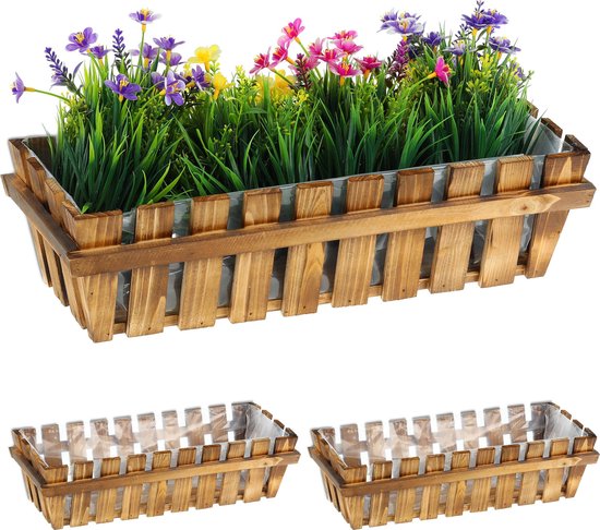 Relaxdays Plantenbak hout - set van 3 - balkonbak - rechthoekig - bloembak  - natuur | bol.com