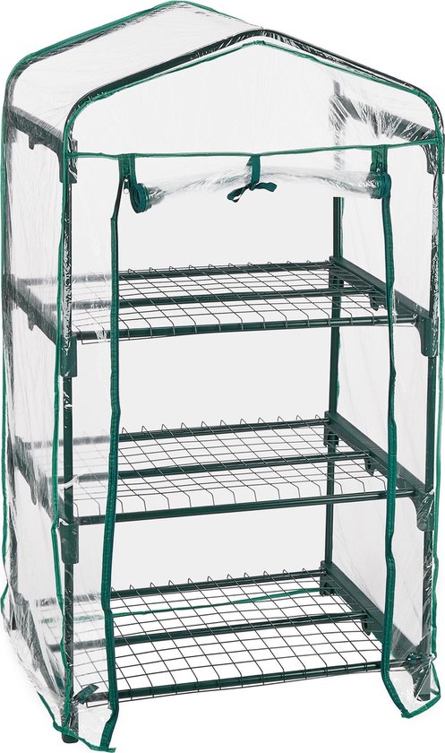 Relaxdays kweekkas balkon, 3 etages, HxBxD: 128 x 60 x 40 cm, PVC foliekas met rek, kleine plantenkas, transparant-groen