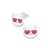 Oorbellen meisje zilver | Zilveren oorstekers, witte kattenkop met zonnebril, roze kristallen