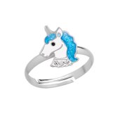 Ring kinderen | Eenhoorn ring | Zilveren ring, eenhoornhoofd met blauwe glittermanen