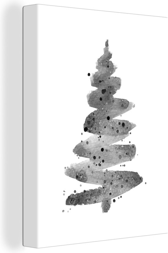 Canvas Schilderij Illustratie - Kerstboom - Kerstmis - zwart wit - 60x80 cm - Wanddecoratie