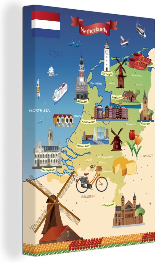 Carte des Nederland avec des vues 90x140 cm - Tirage photo sur toile (Décoration murale salon / chambre)