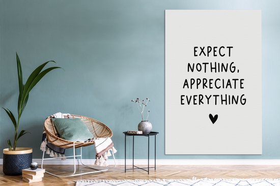 Tableau Peinture sur toile Citation anglaise N'attendez rien, appréciez tout avec un coeur sur fond blanc - 120x180 cm - Décoration murale XXL
