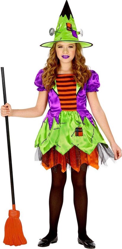 Widmann - Heks & Spider Lady & Voodoo & Duistere Religie Kostuum - Akelig Giechelende Toverkol Halloween - Meisje - Rood, Groen, Paars - Maat 104 - Halloween - Verkleedkleding