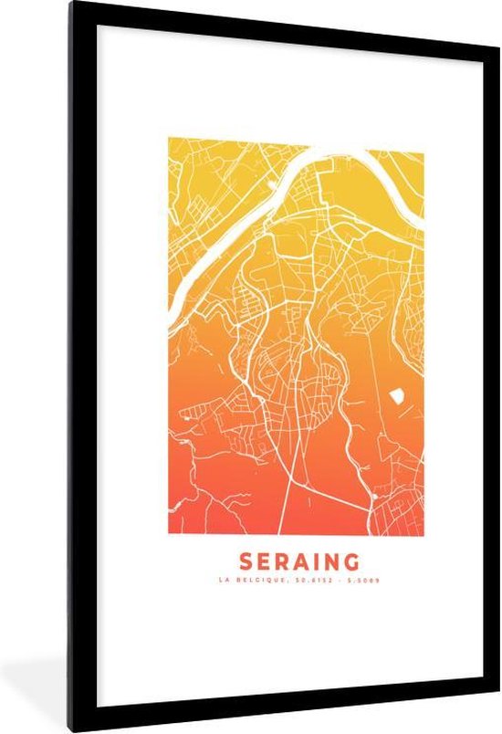 Fotolijst incl. Poster - Stadskaart - Seraing - België - Oranje - 60x90 cm - Posterlijst - Plattegrond