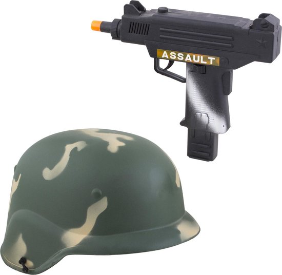 Kinderen speelgoed verkleed machinepistool wapen en helm set voor soldaten/militairen 2-delig - verkleedkleding accessoires