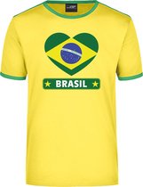 Brasil geel/groen ringer t-shirt Brazilie vlag in hart - heren - Brazilie landen shirt - Braziliaanse supporter kleding M