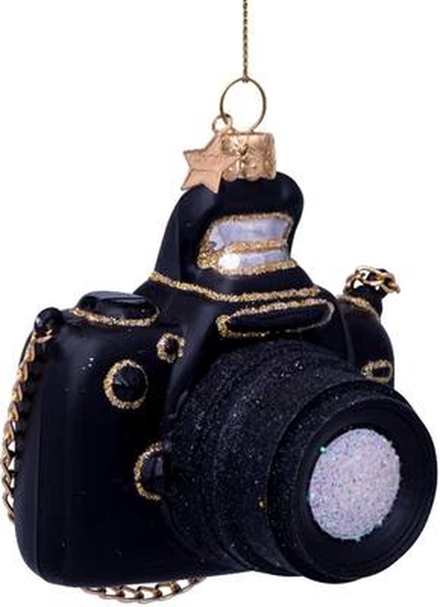 Glazen kerst decoratie zwarte foto camera H9cm