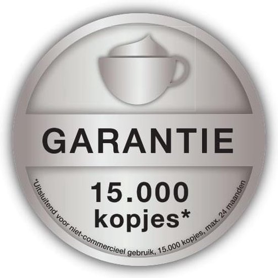 Zilverkleurig garantie-embleem met een afbeelding van een koffiekopje, tekst 'GARANTIE 15.000 kopjes'.