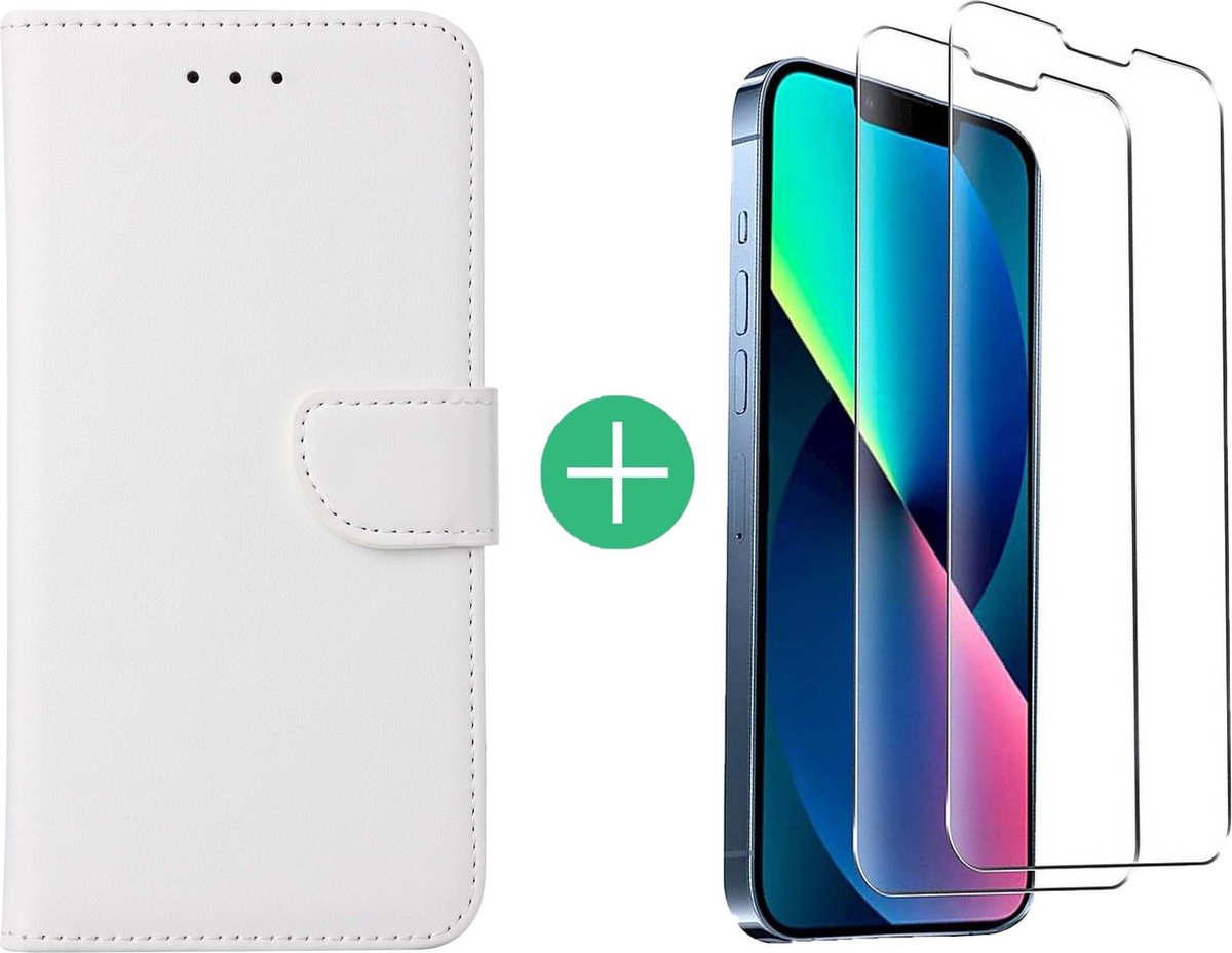 Hoesje Geschikt voor iPhone 13 Pro bookcase met 2 Pack Screenprotector gehard glas – Wit