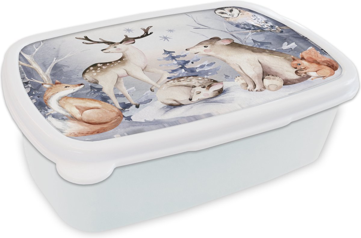 Broodtrommel Wit - Lunchbox - Brooddoos - Winter - Dieren - Sneeuw - 18x12x6 cm - Volwassenen