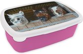 Broodtrommel Roze - Lunchbox Paarden - Dieren - Vacht - Stal - Brooddoos 18x12x6 cm - Brood lunch box - Broodtrommels voor kinderen en volwassenen