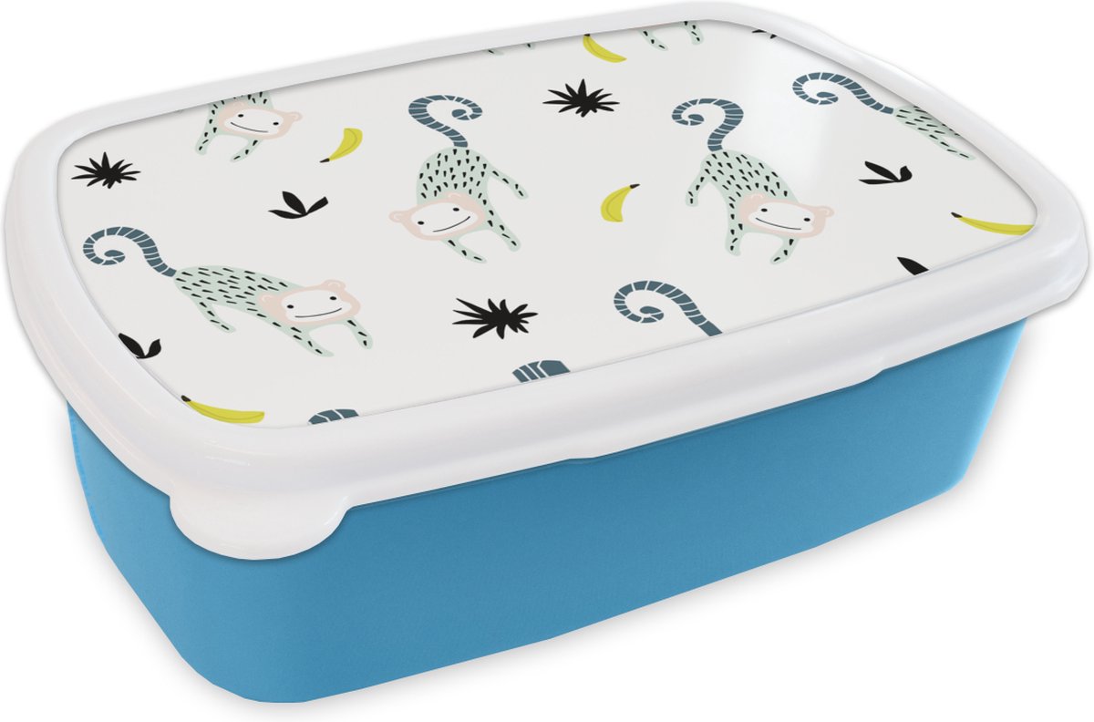 Broodtrommel Blauw - Lunchbox - Brooddoos - Apen - Fruit - Wit - 18x12x6 cm - Kinderen - Jongen
