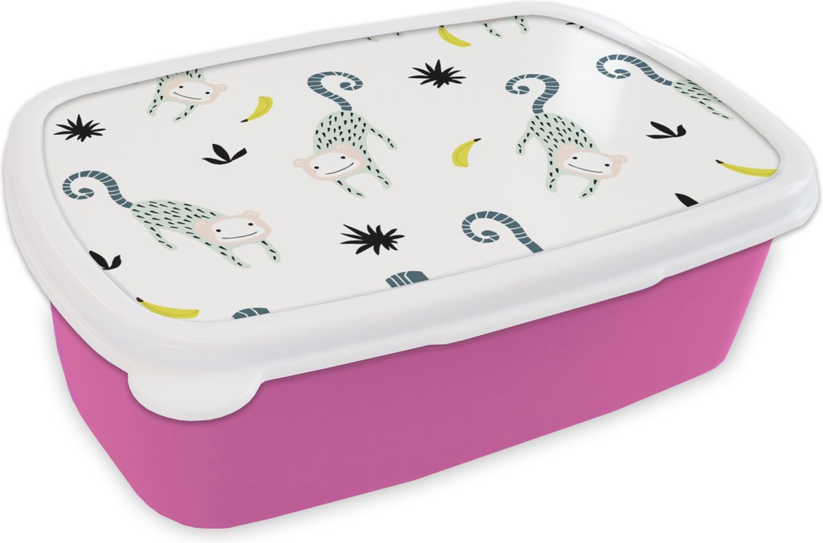 Broodtrommel Roze - Lunchbox - Brooddoos - Apen - Fruit - Wit - 18x12x6 cm - Kinderen - Meisje