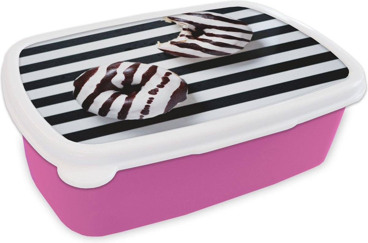 Broodtrommel Roze - Lunchbox - Brooddoos - Gestreepte donuts - 18x12x6 cm - Kinderen - Meisje