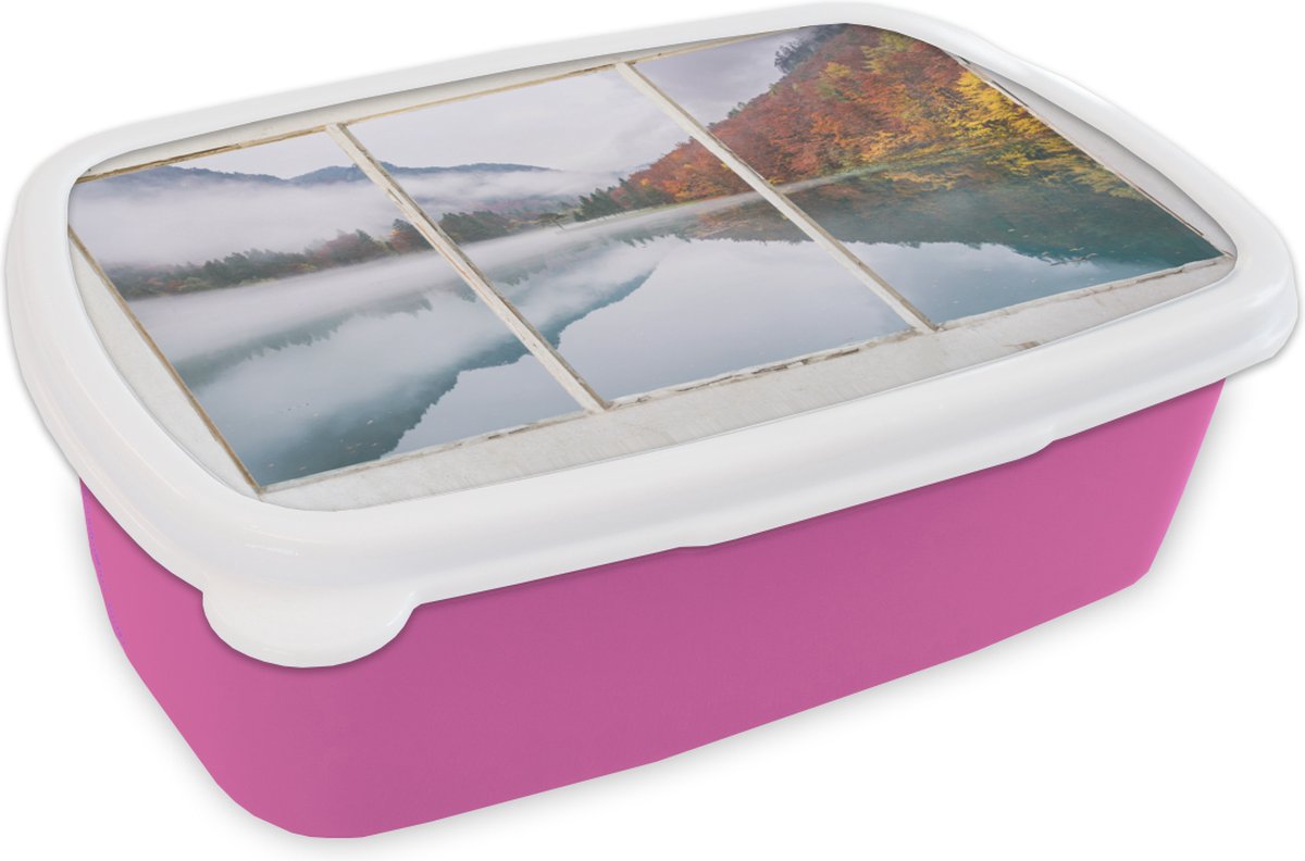Broodtrommel Roze - Lunchbox - Brooddoos - Doorkijk - Herfst - Berg - 18x12x6 cm - Kinderen - Meisje