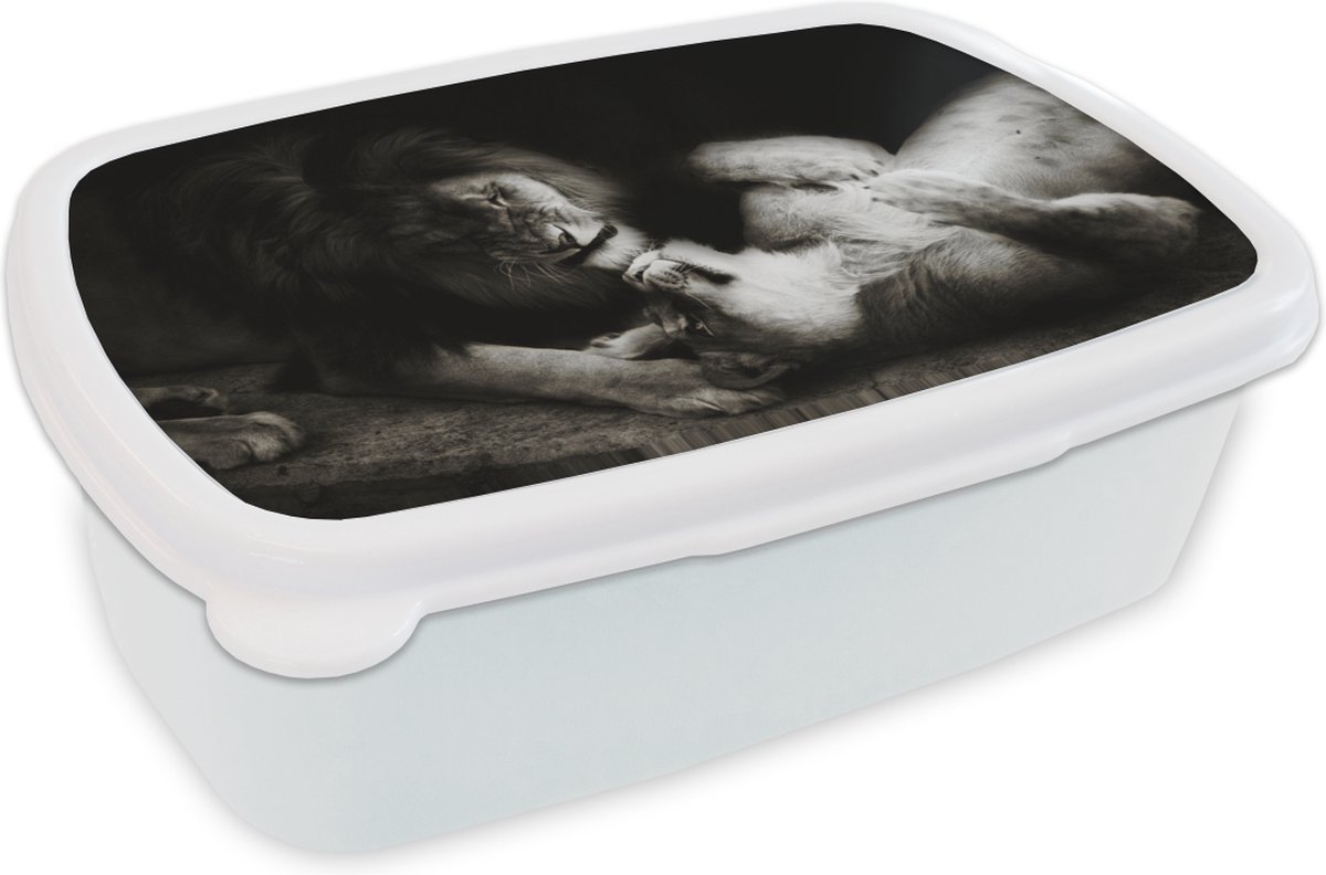 Broodtrommel Wit - Lunchbox - Brooddoos - Leeuw - Zwart - Wit - 18x12x6 cm - Volwassenen