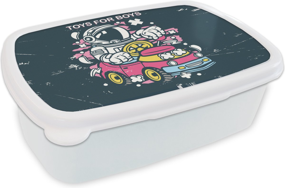 Broodtrommel Wit - Lunchbox - Brooddoos - Vintage - Astronaut - Auto - 18x12x6 cm - Volwassenen