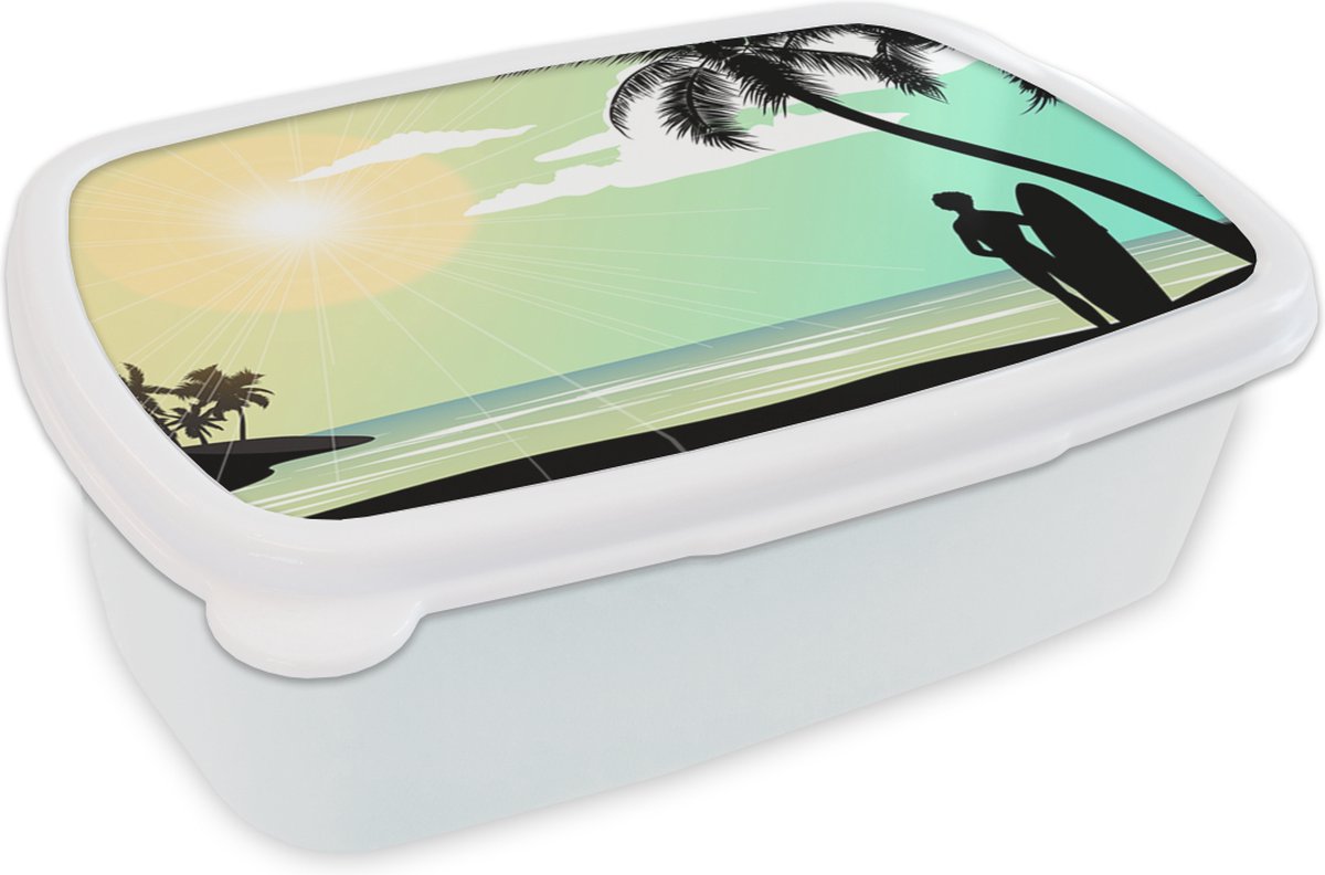 Broodtrommel Wit - Lunchbox - Brooddoos - Zee - Surfen - Zon - Palmboom - 18x12x6 cm - Volwassenen