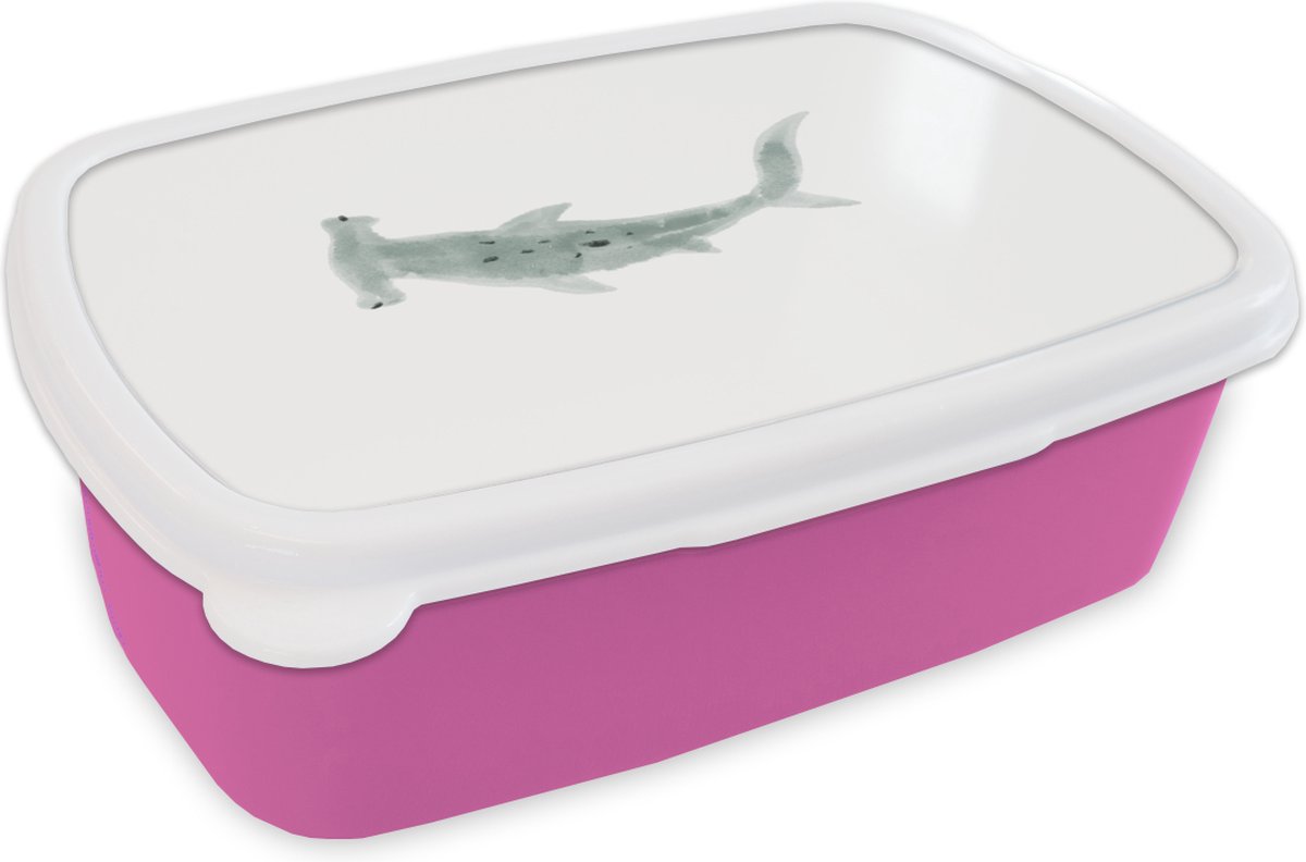 Broodtrommel Roze - Lunchbox - Brooddoos - Haai - Waterverf - Grijs - 18x12x6 cm - Kinderen - Meisje