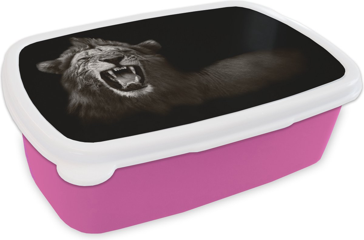 Broodtrommel Roze - Lunchbox - Brooddoos - Leeuw - Wild - Zwart - Wit - 18x12x6 cm - Kinderen - Meisje