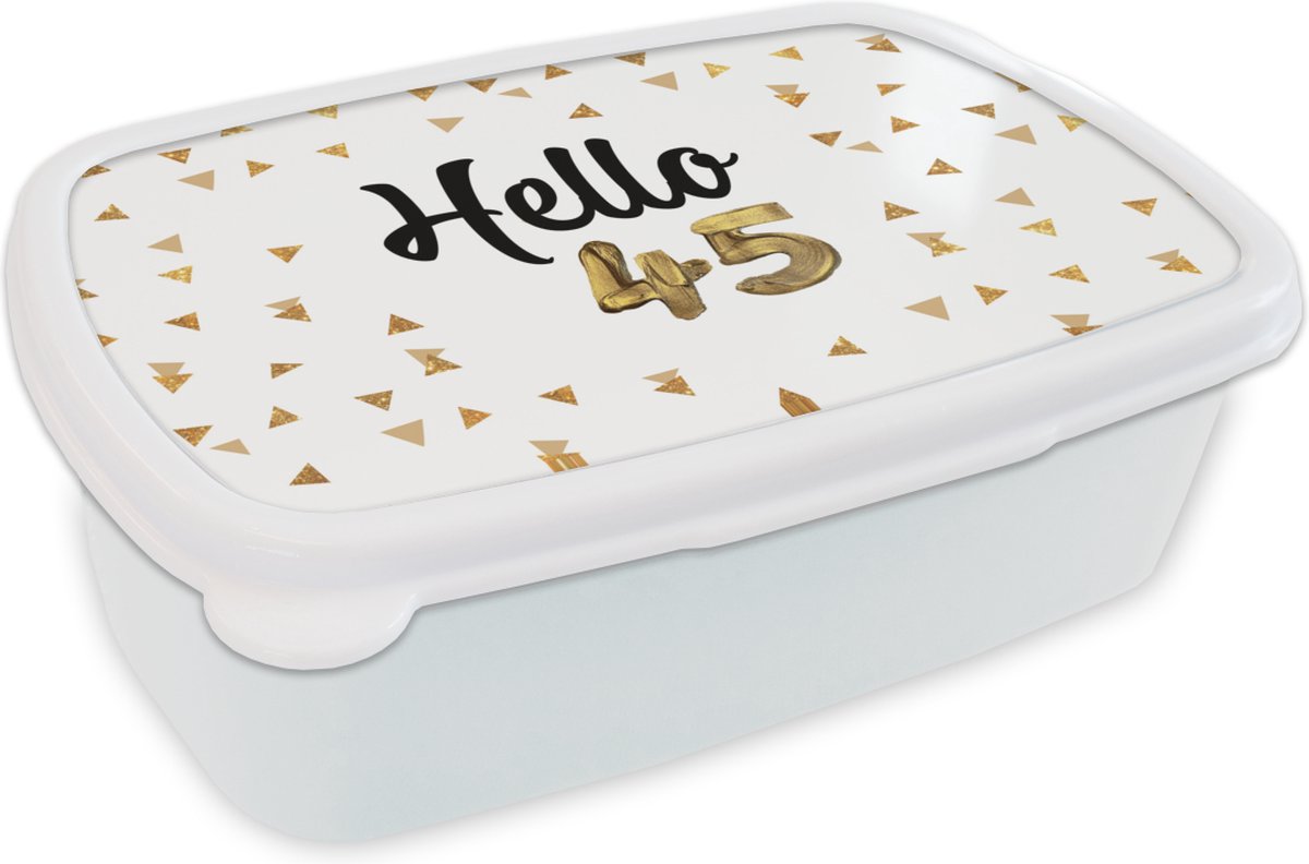 Broodtrommel Wit - Lunchbox - Brooddoos - Feest - 45 jaar - Confetti - 18x12x6 cm - Volwassenen