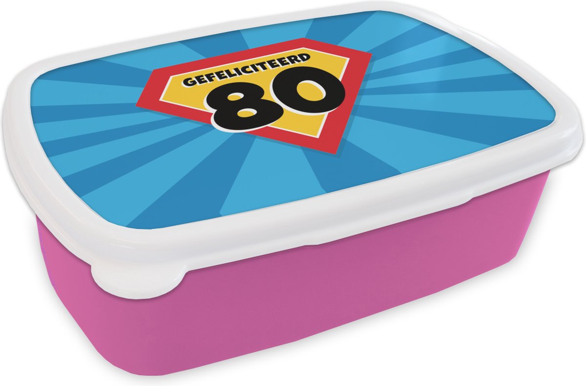 Broodtrommel Roze - Lunchbox - Brooddoos - Jubileum - 80 jaar - Feest - 18x12x6 cm - Kinderen - Meisje